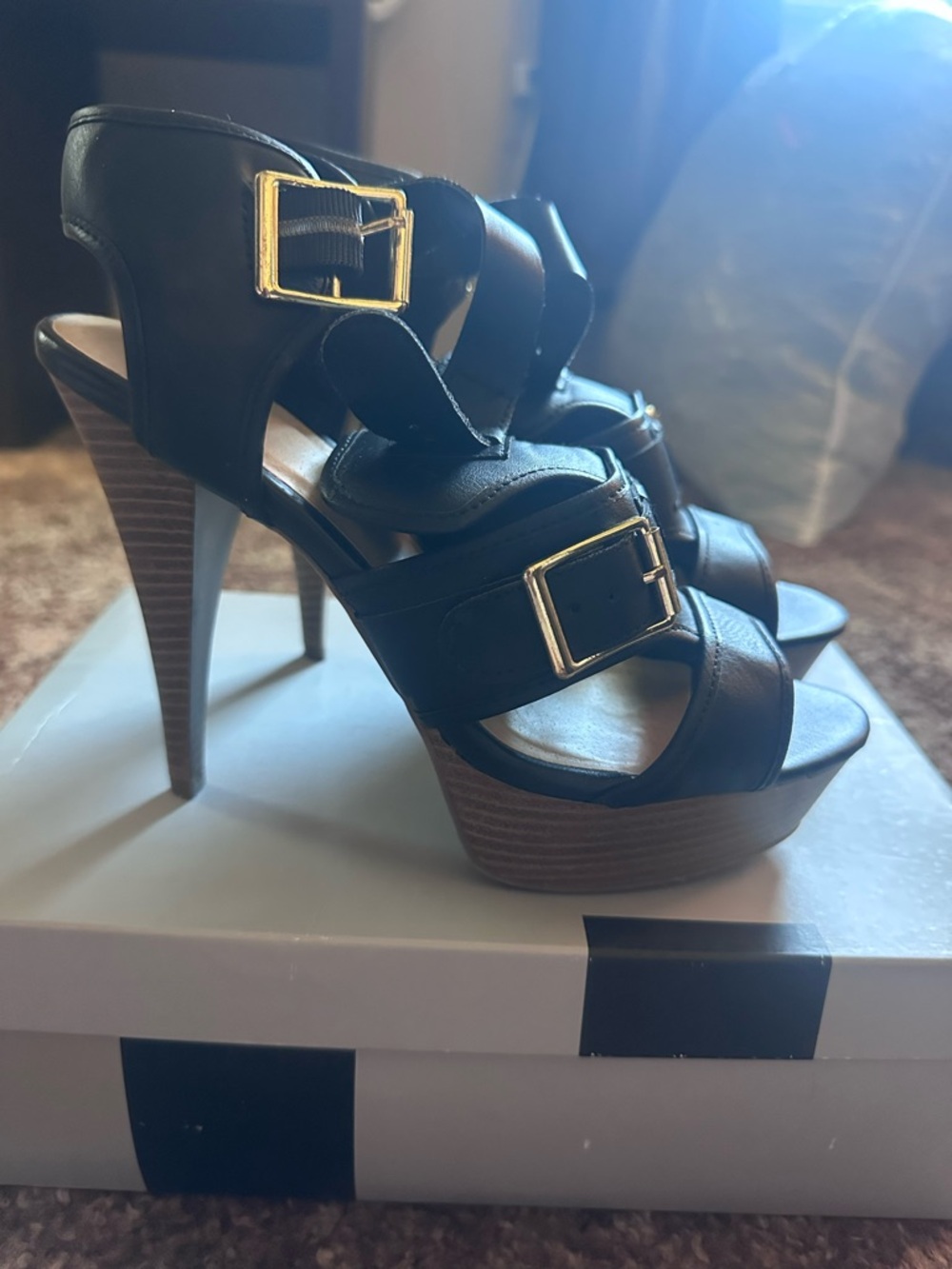 Mossimo Supply Co. Black Leather Platform Strappy Heels with Gold Buckles